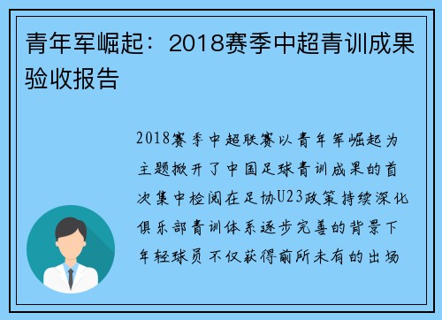 青年军崛起：2018赛季中超青训成果验收报告